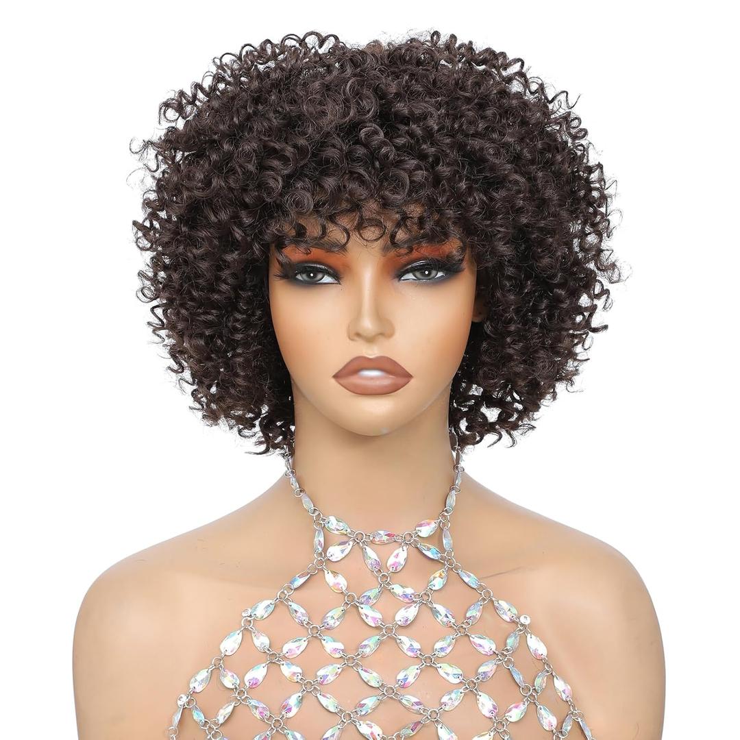 Short Curly Wig, Brown 4#, 3C curls, Wig with Bangs Beginner Friendly Glueless Synthetic Afro Wigs for Women Ready to Wear Bouncy and Chic
