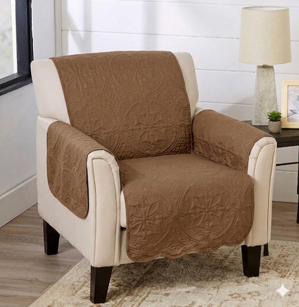 Great Bay Home Reversible Chair Cover - Washable Slipcover Furniture Protector with Elastic Straps - Perfect for Kids & Pets - Quilted & Stitched Detail (White/Sand)