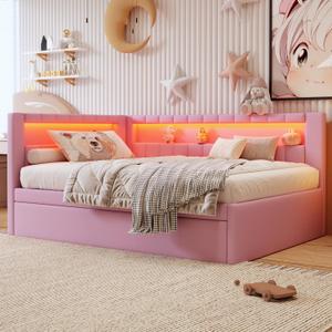 DNYN Full Size Upholstered Daybed with Trundle for Kids Bedroom, Super Cute Wooden Bedframe w/Led & USB Ports Design, Easy Assembly & No Box Spring Needed, White