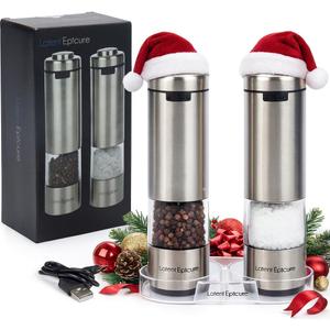 Electric Salt & Pepper Grinder Set  USB-C Rechargeable Stainless-Steel Mills & Shakers with LED Light, Adjustable Ceramic Grinders & Acrylic Rest Tray