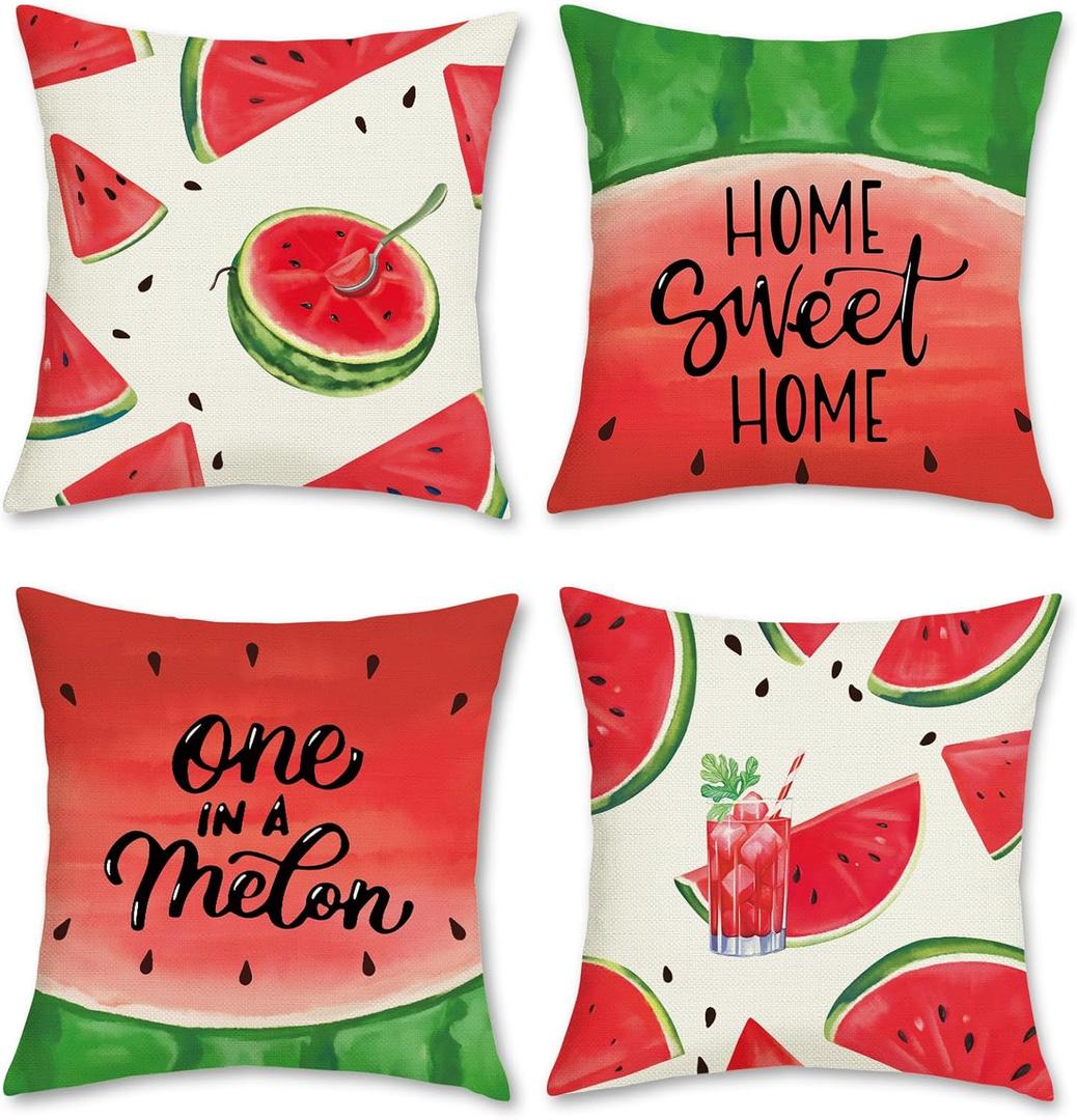 Bonhause Watermelon Throw Pillow Covers 18 x 18 Inch Seasonal Summer Red Green Fruit Juice Home Sweet Home Decorative Polyester Linen Cushion Cases for Sofa Couch Home Decor Set of 4
