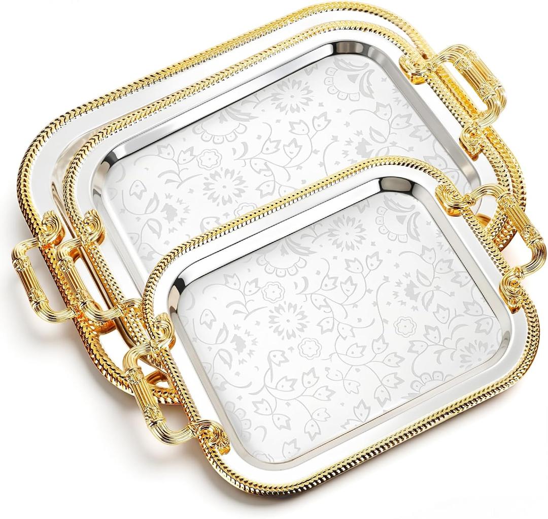 3 Pack Metal Serving Trays with Handles, Decorative Floral Platter Trays for Coffee Tea, Food, Dessert, Jewelry, for Buffet Wedding Party Kitchen Home Decor(Floral, Silver, Gold)
