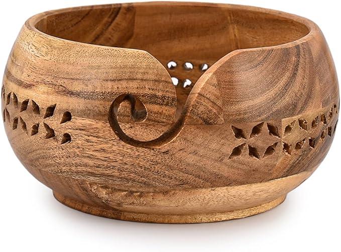 SAMHITA Acacia Wood Yarn Bowl Holder |Hand Carved Yarn Bowls for DIY Knitting Crocheting Accessories (7" x 7" x 4")