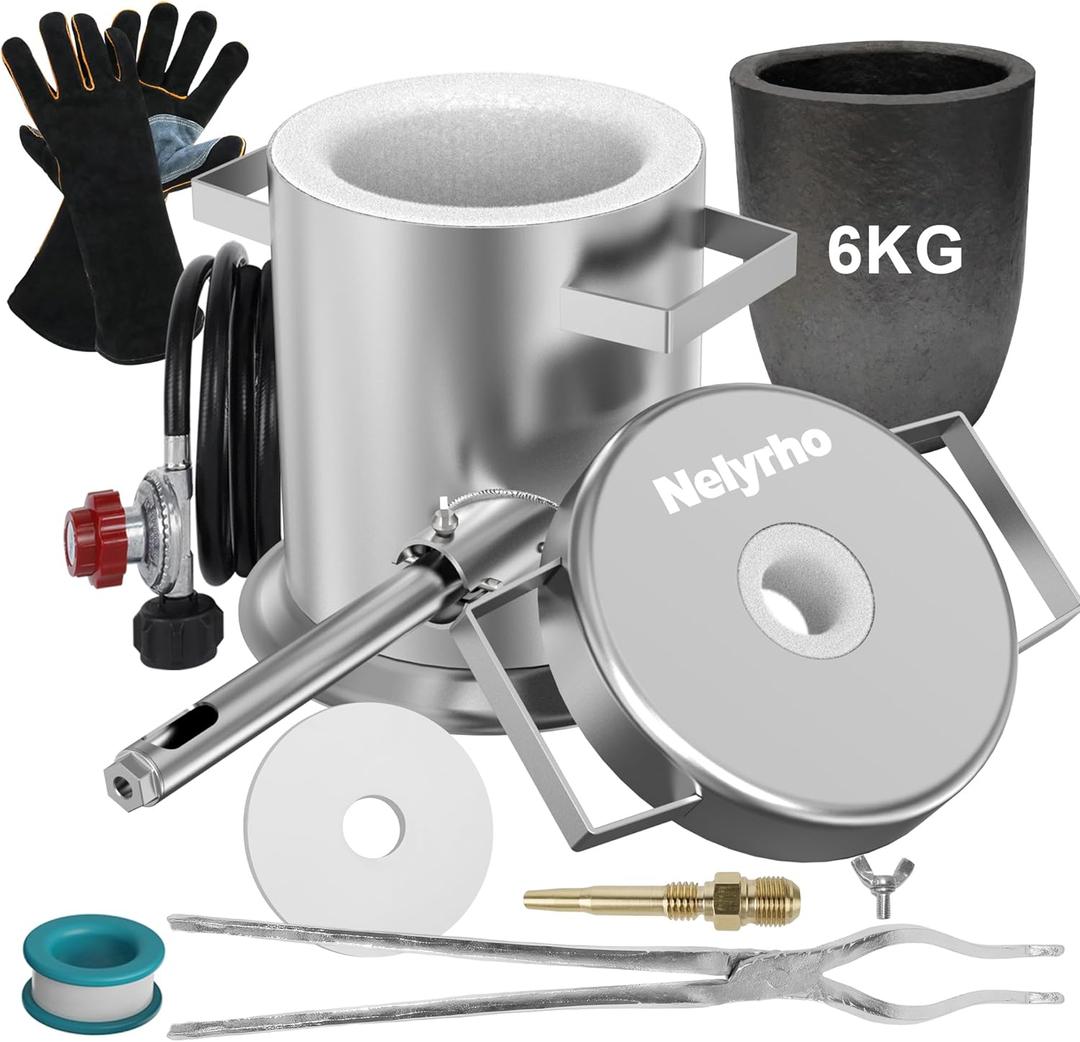 Nelyrho 6KG Melting Furnace Kit - Stainless Steel Foundry with Crucible, Crucible Tongs, Gloves - Ideal for Smelting Gold, Silver, Copper, and Aluminum - Metal Recycling Casting Tool