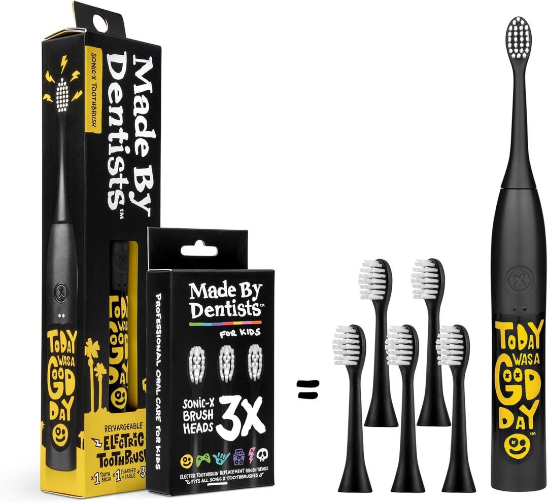 Made by Dentists Sonic X Electric Toothbrush  Rechargeable Kids Sonic Toothbrush, 8X Plaque Removal, 2 Speed Modes, 2-Minute Time, 6 Brush Heads Included, Tweens Ages 7+, Today was A Good Day Edition