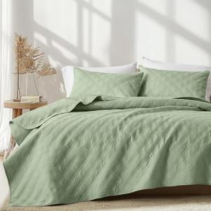 inron Quilt Set Twin Size,Sage Green Microfiber Ultrasonic Bedspreads,Lightweight Breathable Coverlet,Modern Geometric Pattern Thin Bedding Set for All Seasons(1 Quilt,1 Pillow Sham) (Twin(68"x88"))
