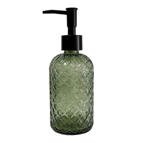 Green Glass Soap Dispenser with Black Pump, 13.5oz Liquid Hand Soap Dispenser Set, Dish Soap Lotion Dispenser for Modern Home Decor, Bathroom, Kitchen Countertop, Hotel