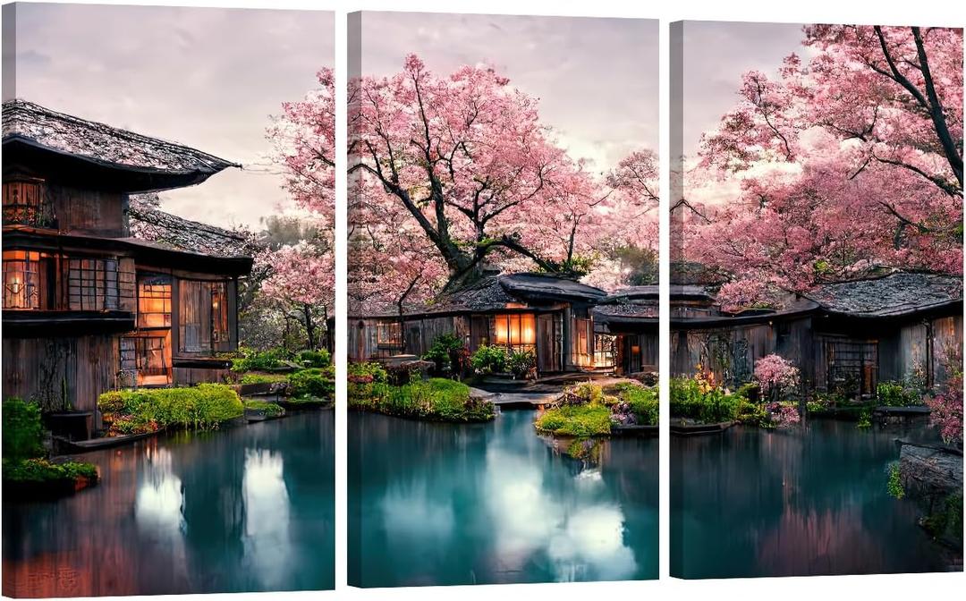 LSIUHWUWI Japanese Decor Cherry Blossom, Sakura, with Water Lake and Japonese Houses Wall art Japanese Painting Room Decor Canvas Poster Artwork Home Decor 20x40inchx3