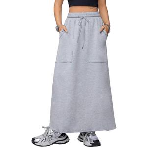 SOFIA'S CHOICE Women's Drawstring Maxi Skirt with Pockets High Waist A Line Long Skirts Grey Small (Gray, S)