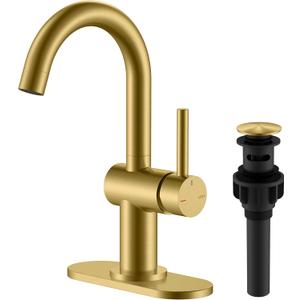 KENES Brushed Gold Single Handle Bathroom Faucets Modern Prep Wet Bar Sink Faucets Bathroom Sink Faucet with Drain Assembly & Deck Plate, Farmhouse RV Camper Outdoor Utility Faucet, KE-9005B-4 (Short)