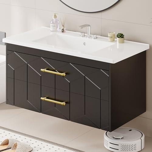 IDEALHOUSE Floating Bathroom Vanity with Sink 36 inch, Modern Bathroom Sink Cabinet, Ceramic Vanity Top, 2 Large Storage Drawers with Gold Metal Handle, Easy to Assembly, Black