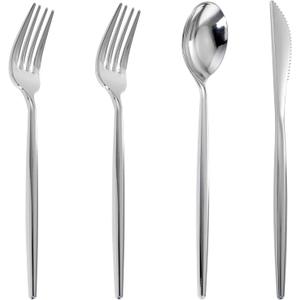 U-QE 120pc Silver Disposable Cutlery Set - Luxury Heavy Weight Plastic Flatware, Include 60 Forks, 30 Spoons, 30 Knives for Party