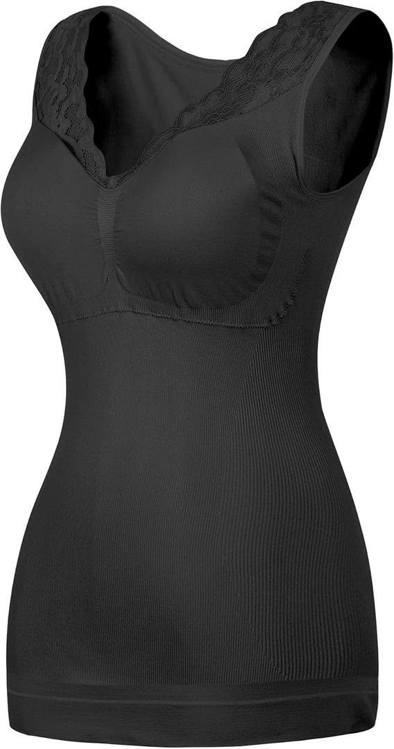 Tummy Control Shapewear Tank Tops with Built in Bras for Women Lace V Neck Compression Camisole Tops Shaper Cami (Large, Black)