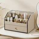Leather Makeup Organizer & Skincare Storage Rack - Cosmetic Display Case with Dustproof Transparent Cover, Drawer Jewelry Storage, for Bedroom Vanity, Perfume & Lipstick Organizer (Beige)