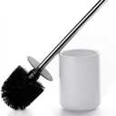 Ceramic Toilet Brush & Holder Set - Freestanding Deep-Cleaning Toilet Bowl Cleaner Brush, Stainless Steel Handle, Small & Sturdy for Storage, Easy to Clean, Non-Scratching (Matt White)