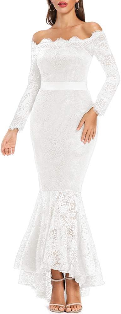 LALAGEN Women's Floral Lace Long Sleeve Off Shoulder Wedding Mermaid Dress White M
