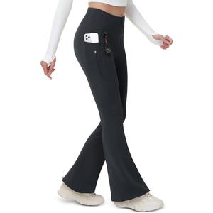 MAGCOMSEN Women's Fleece Lined Flare Leggings Waterproof Insulated Winter Pants Warm Snow Yoga Hiking Bootcut 3 Pockets, Size: L