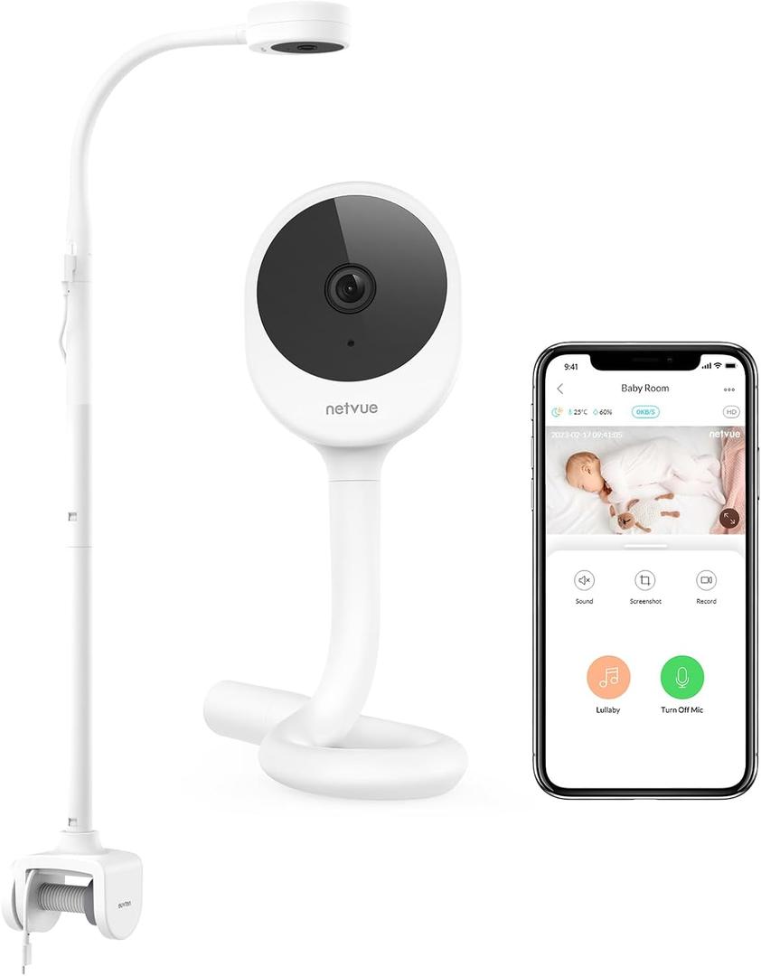 NETVUE Peekababy Baby Camera with Wireless Audio, Adjustable Crib Mount Monitor, Works via 2.4GHz Wi-Fi for Wide Coverage & Stable Connection, Smart App, Two-Way Talk, No Screen (White)