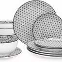 CQN&ZXD Dinnerware Sets, 12-Piece, Crystal Aesthetics Embossed Dish Plates and Bowls Sets, Service for 4, Dinner Salad Dessert Plates, and Cereal Bowls Set, Post-Modern, Black Decal and White Relief