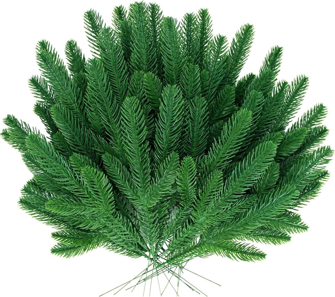 BCUEIDO 100 Pcs Artificial Pine Branches Realistic Christmas Greenery Stems Evergreen Pine Branches for Decorating Pine Needles Christmas Indoor Home Decor
