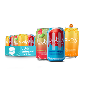bubly Sparkling Water, Melted Ice pop, Strawberry Sunset, Orange Cream, Zero Sugar & Zero Calories, Seltzer Water, 12 fl oz Cans, 18 pack BBD: 5 Oct 2026