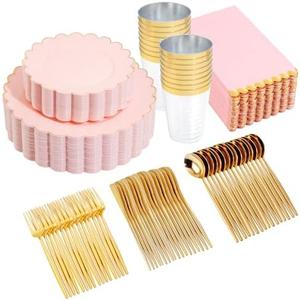 LIYH 210 Pcs Pink and Gold Scalloped Plastic Plates - Disposable Dinnerware Set, Include Gold Plastic Silverware, Pink Plates and Napkins Party Supplies for Birthday Wedding