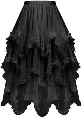 C-ZOFEK Women's Tulle Skirt, High Low Ruffle Layered Fairy Skirt for Dress Costume, Black, M/L