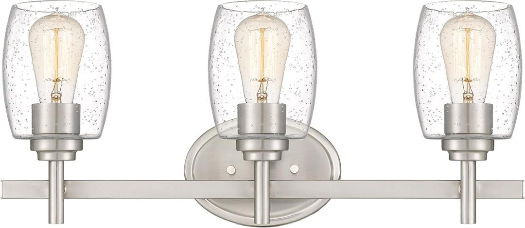 Set Modern Farmhouse 3-Light Vanity Light Industrial Wall Sconce Lighting with Seeded Glass Shade in Brushed Finish for Bathroom, Hallway, Kitchen, Mirror, Laundry Room (Silver)