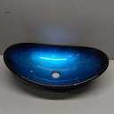 Oval Blue Glass Vessel Sink 22x14 Inch with Waterfall Faucet and Pop-Up Drain Tempered Glass Basin Top Mount Bathroom Sinks Boat Shape Design Bowl for Apartment Bathrooms Vanities