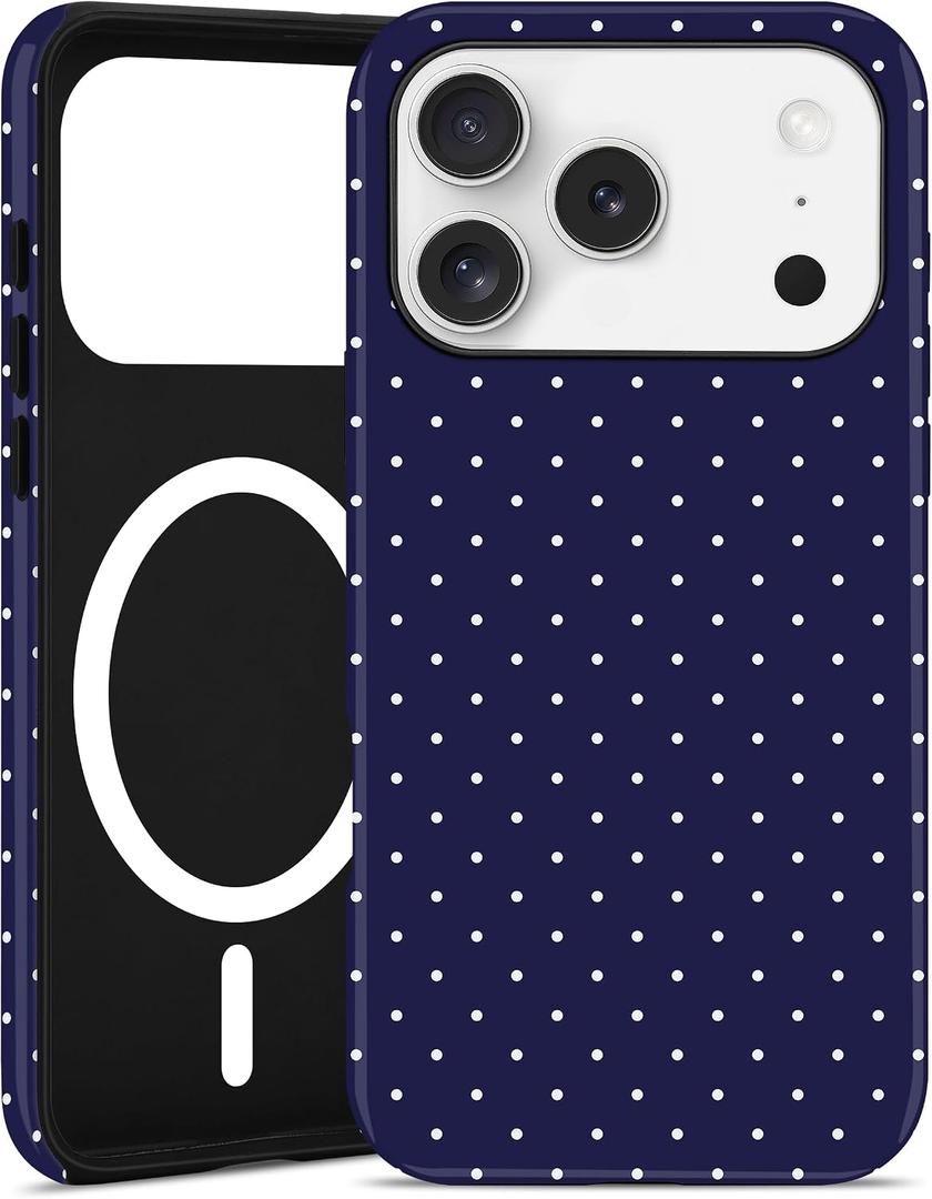 Jusy Compatible with MagSafe Polka Dot Case for iPhone 17 Pro Max, Cute Aesthetic Polka Dots Magnetic Phone Case, Soft TPU and Hard PC Protective Phone Cover for Women Girls (Matte) - Navy Blue