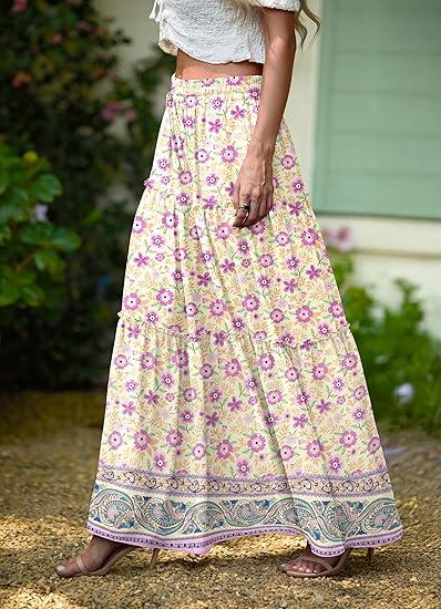 Lepunuo Womens Casual Boho High Waisted Flowy Maxi Skirts Trendy Floral Cute Long Skirts with Pockets , Floral Purple 