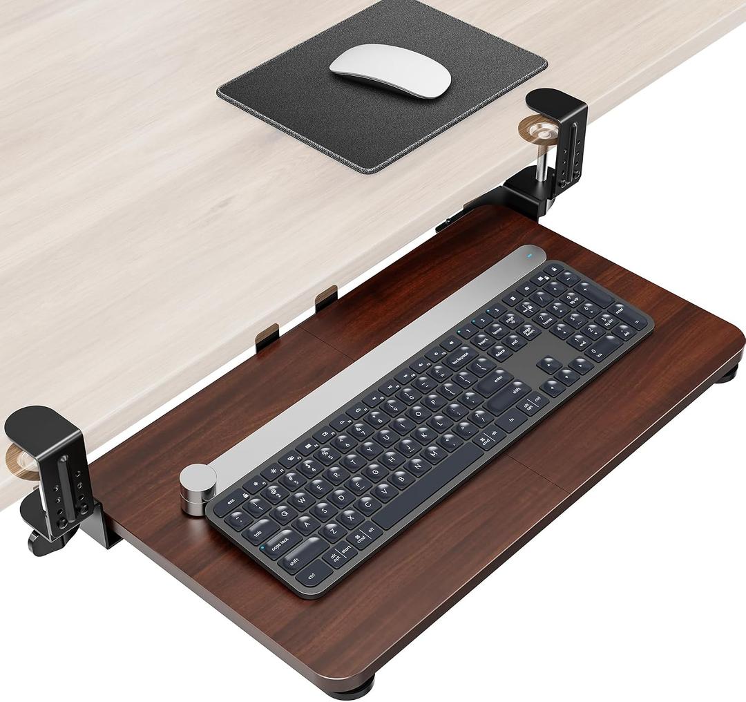 Ergonomic Mouse & Keyboard Tray Under Desk, Pull Out with Adjustable C-clamp, 20 (25.9 Including Clamps) x 11.8 Inch Slide Out Computer Keyboard Drawer Mouse Tray for Typing, Walnut, Small