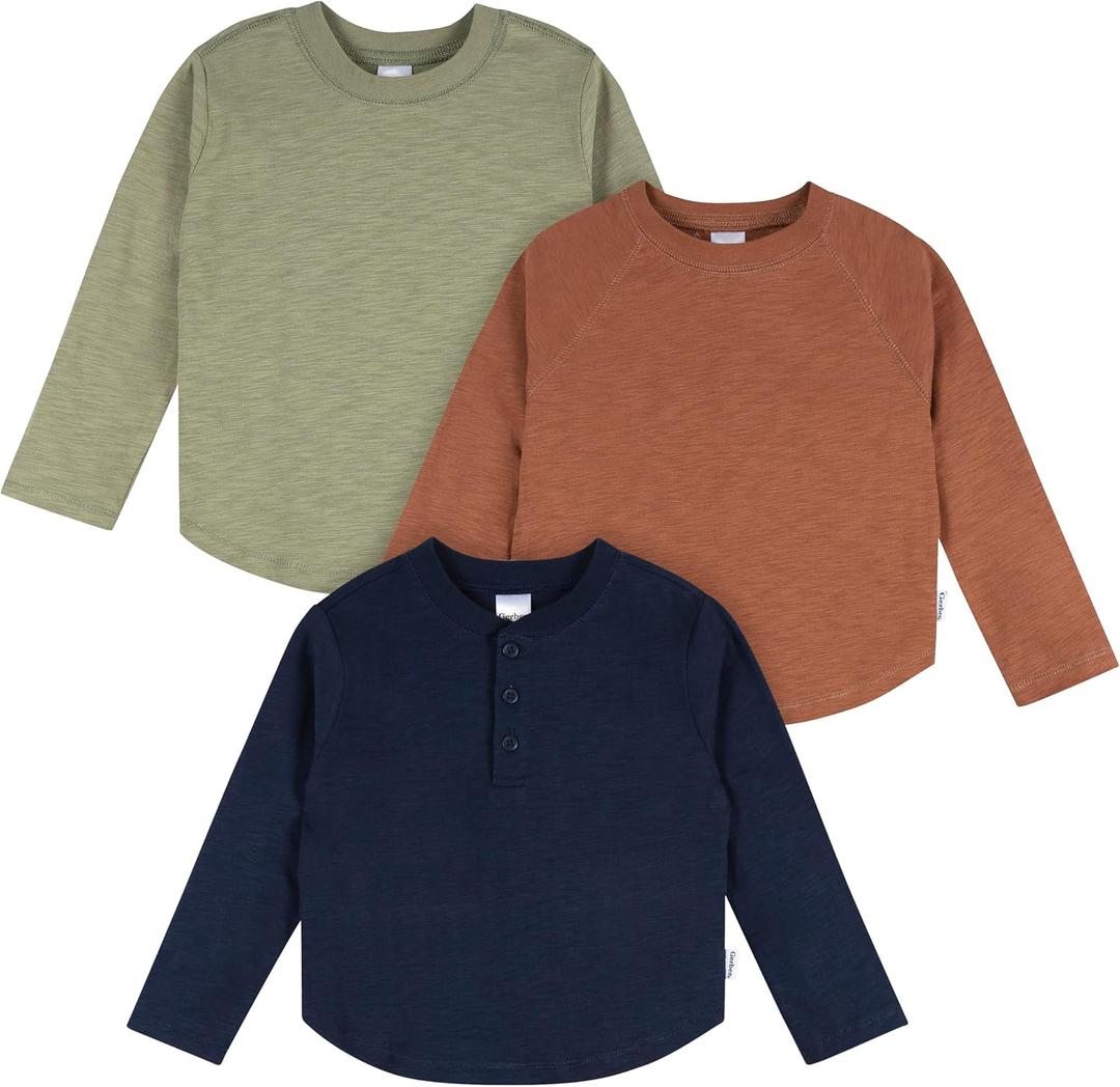 Gerber Baby Boys' 3-Pack Long Sleeve Shirts (4T, Green, Brown & Black)