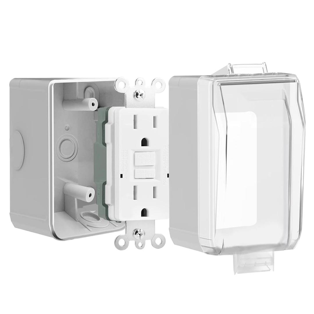 15 Amp GFCI Outdoor Electrical Outlet Box, Nonmetallic Heavy Duty Box IP66 Waterproof and NEMA 5-15 Self Test GFCI Outlet Kit, 3.15 Inch Deep, Lockable, Clear/Gray, UL Listed