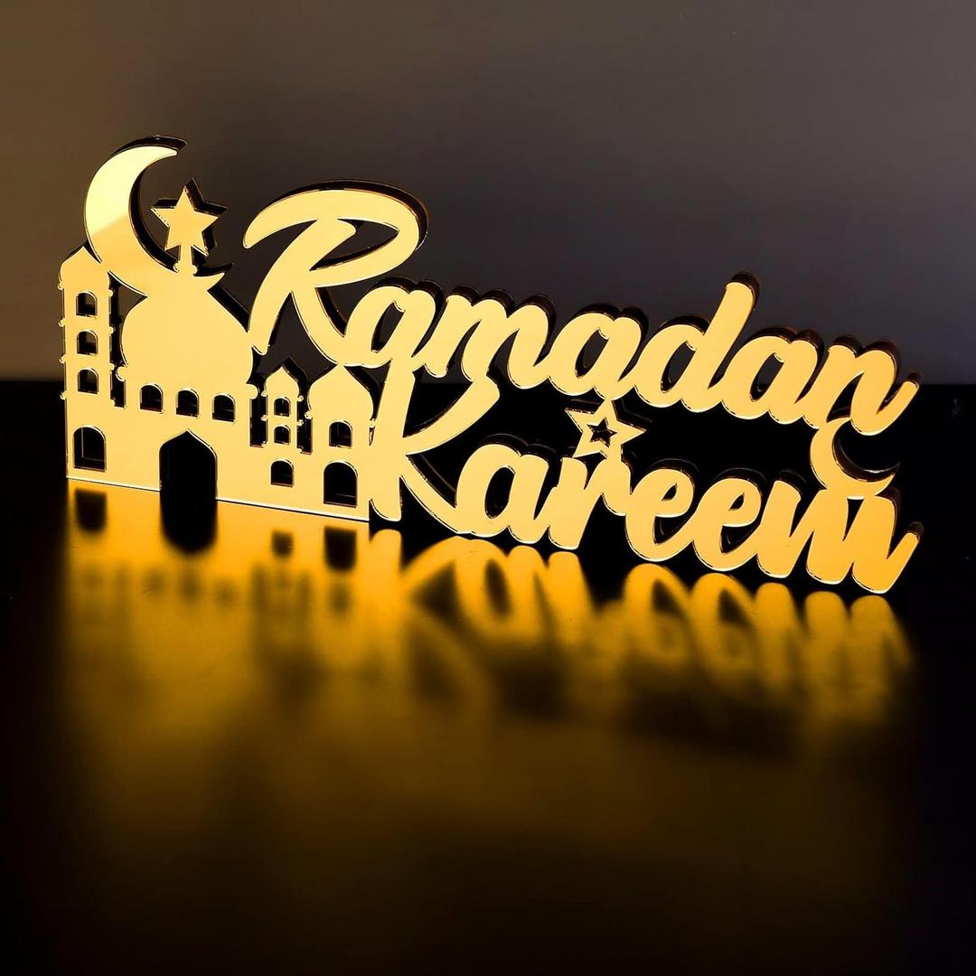 Islamic Tabletop Decors Ramadan Mubarak Sign Ramadan Kareem Sign Eid Decoration Islamic Home Decor Ramadan Gifts Wooden Letter Ramadan Table Sign Eid Mubarak Tabletop (Gold,Ramadan Kareem)