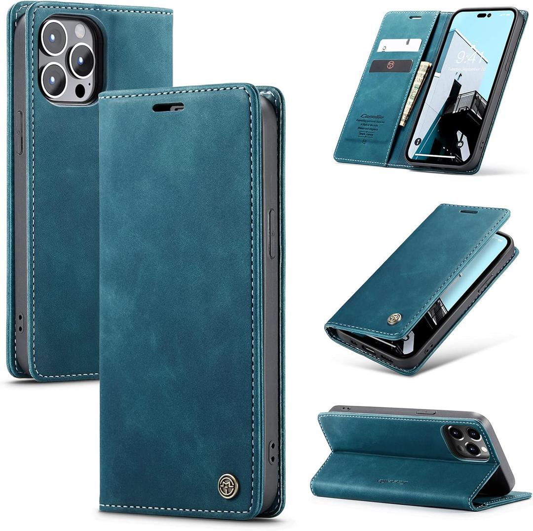 for iPhone 14 Pro Max Case, Flip Wallet Leather Case with Card Holder Magnetic Closure Shockproof Kickstand Protective Phone Cases Cover for iPhone 14 Pro Max, Blue-Green