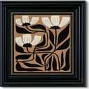 Framed 3D Textured Vintage Floral Wall Art 16x16 Abstract Flower Painting, Sandstone Finish Botanical Print, Minimalist Black White Geometric Design, Bedroom Office Gallery Decor