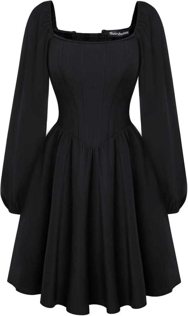 Scarlet Darkness Renaissance Corset Dress Long Sleeve Mini Dresses for Women Fishbone Fall Wedding Guest Party Dress (14, Black)