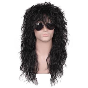 Mens 80S Long Curly Black Rocker Costume Wig