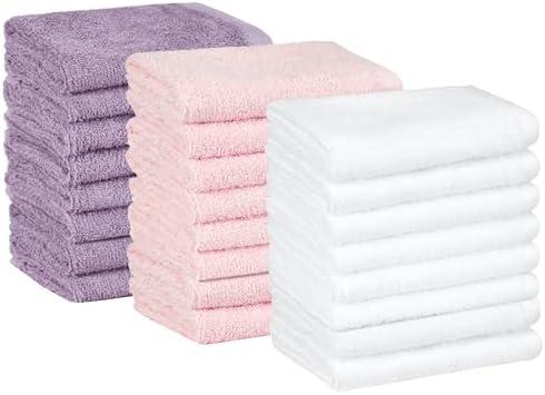 Amazon Basics Washcloth for Bathroom, 100% Cotton Extra Absorbent , Fast Drying - Salon Towels - 24-Pack, Petal Pink, Lavender, White, 12 x 12 in