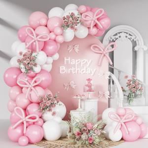 Pink Bow Balloon Arch Kit Pink and White Balloons Garland 91 Pcs Coquette Birthday Decor White Pastel Light Pink Bow Balloon for Girls Princess Bridal Baby Shower Birthday Party Decorations
