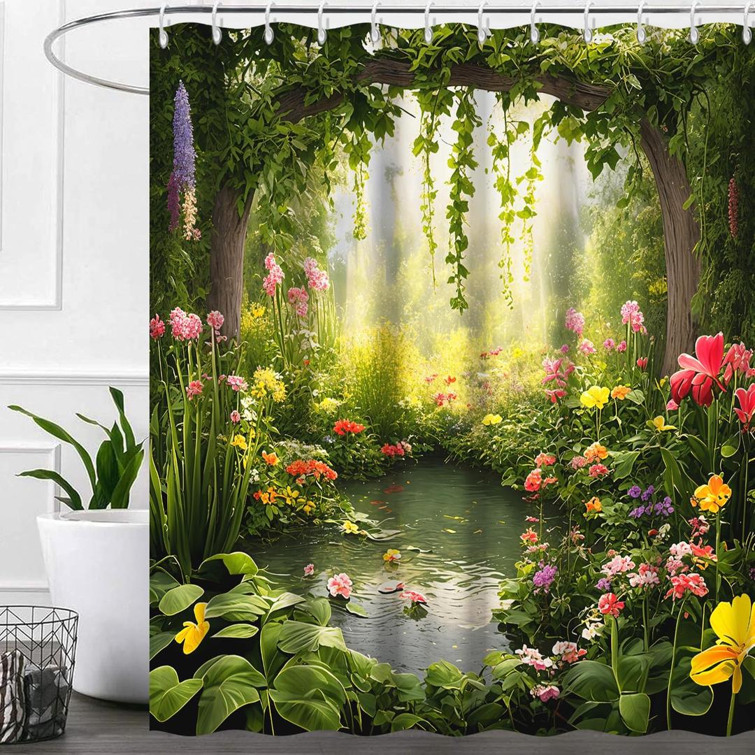 Enchanted Forest Shower Curtain, Nature Green Botanical Shower Curtains with Hooks Spring Floral and Leaves Waterproof Bathroom Decor, 72x78 inch