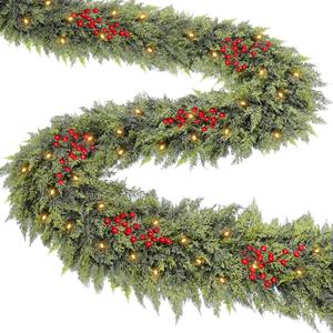 Timer & 50 LED - 9 Ft by 12 Inch Prelit Christmas Garland with Lights, Lighted Christmas Cedar Garland Realistic Soft Thickness Cypress Garlands Xmas Fireplace Mantle Table Doorframe Indoor Outdoor