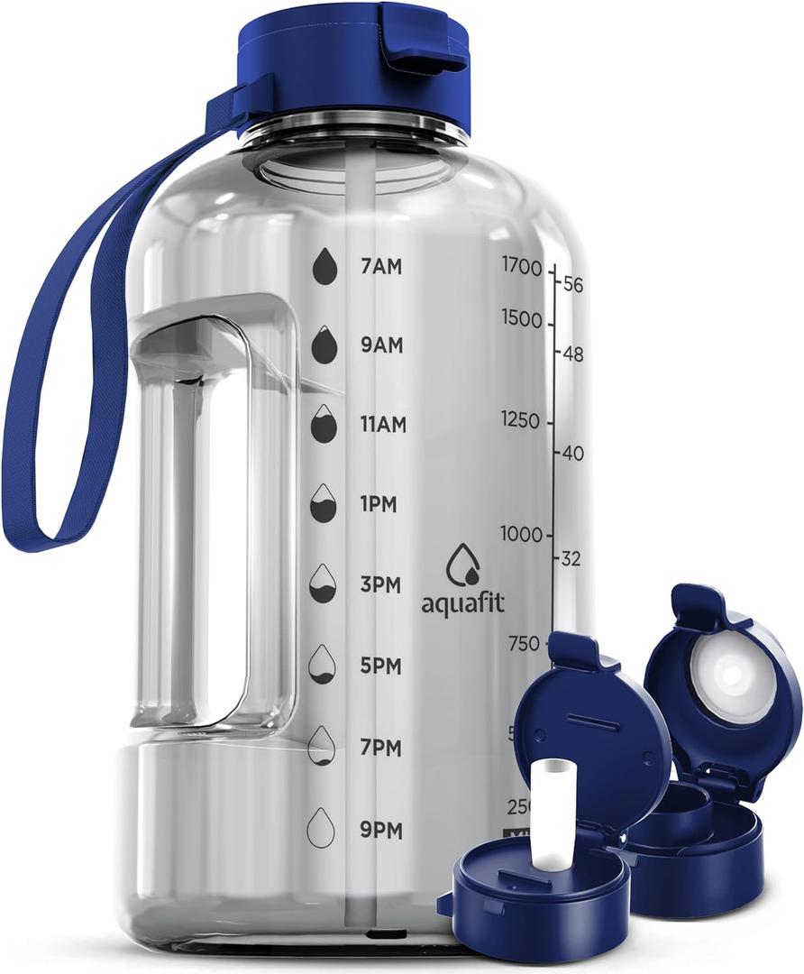 AQUAFIT 64 oz Water Bottle with Time Marker - Straw & Chug Lid - BPA Free Half Gallon Jug, Gym Bottle with Handle (Clarity)