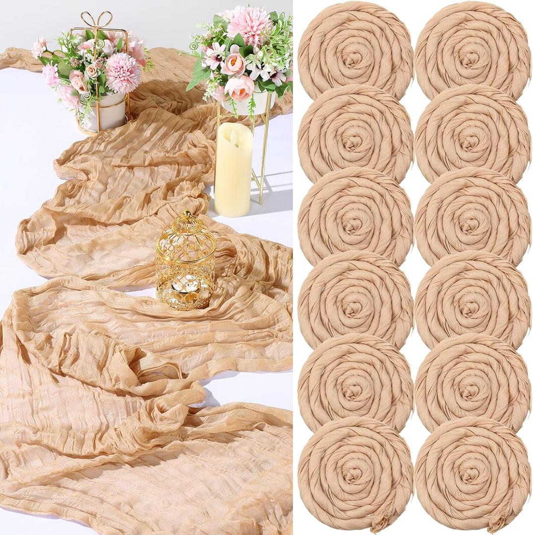 Buryeah 12 Pcs Cheesecloth Table Runner Boho Gauze Table Runner Bulk Rustic Cheese Cloth Long Romantic Tablecloth for Wedding Bridal Shower Birthday Decor(Champagne,28 x 120 Inch)