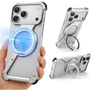 Z Metal Case for iPhone 17 Pro Frameless, Aluminum Alloy Bumper Compatible with Magsafe Kickstand Minimalist Shockproof Cool Cover Hard Shell with 360Ring Holder Magnetic Stand, Natural