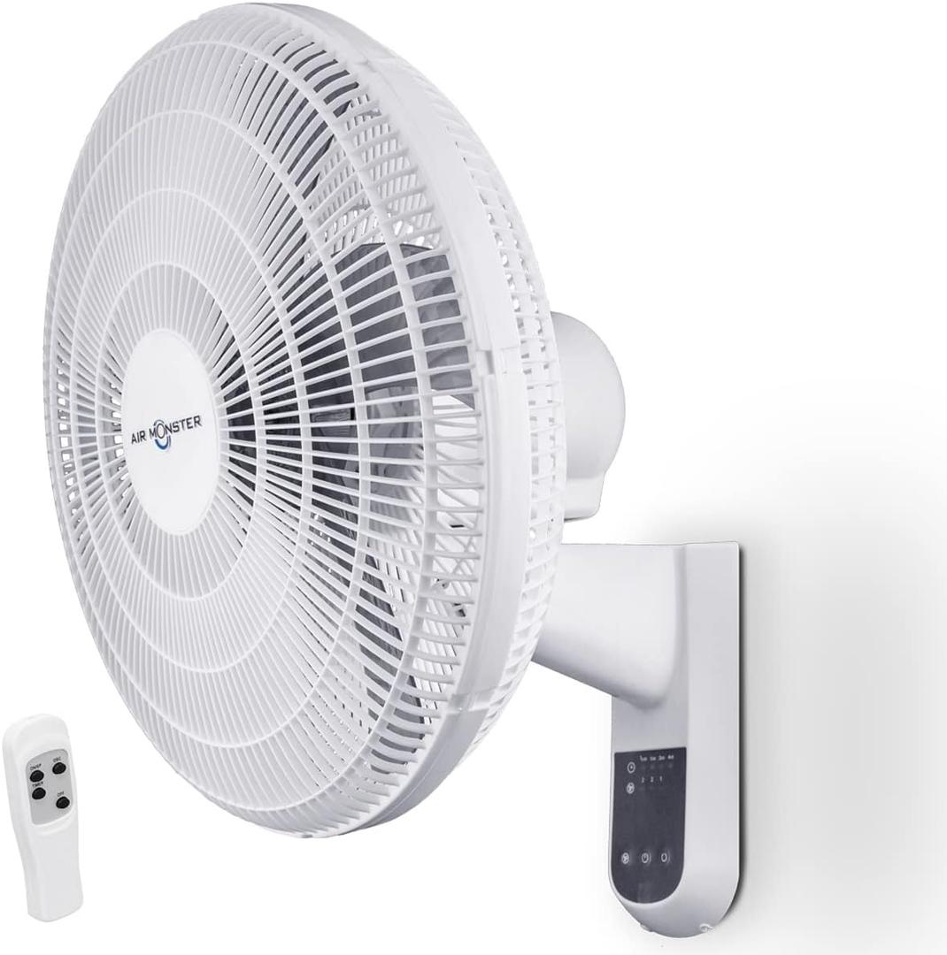 Air Monster 16 Inch Wall Mount Fan with Remote Control, Wall Mount Garage Fan, Oscillating, Plastic Grill, 70 Degree, 3 Speed, Timer, Adjustable Tilt, Fused Plug, ETL, White Color, Ventilador de Pared