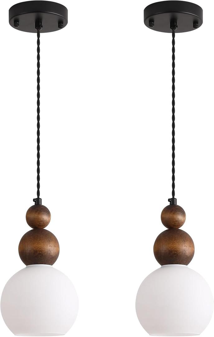 2 Pack Rustic Farmhouse Wood Pendant Light Fixture One-Light Adjustable Oak Wood and Milk Glass Shade Gourd Small Pendant Lighting for Kitchen Island Sink Hallway Bathroom Bar Farmhouse, Black