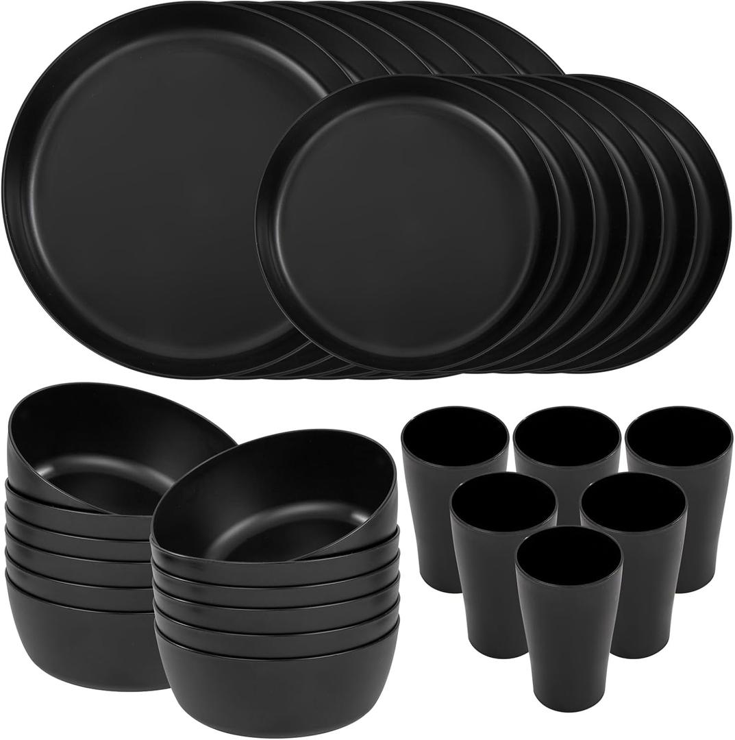 EI 24pcs Black Wheat Straw Plates,Wheat Straw Dinnerware Set,Plates and Bowls Sets,Reuasble Plate,Unbreakable Dinner Plate Heavy Duty Plastic for Picnic Outdoor Activities Dormitory Kitchen