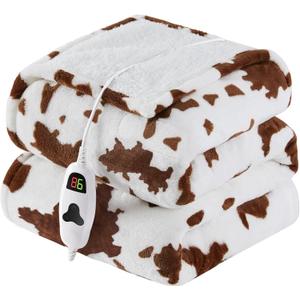 Cow Print Heated Electric Blanket Throw,50X60 Brown Heating Blanket with 10 Heats Levels & 8 Hours Auto Off, Western Highland Cow Decor Stuff Fleece Sherpa Blankets Warmer Gifts for Women Adults